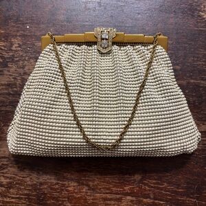 Whiting & Davis 1950’s Ivory Mesh Art Deco With Rhinestones Clasp Handbag